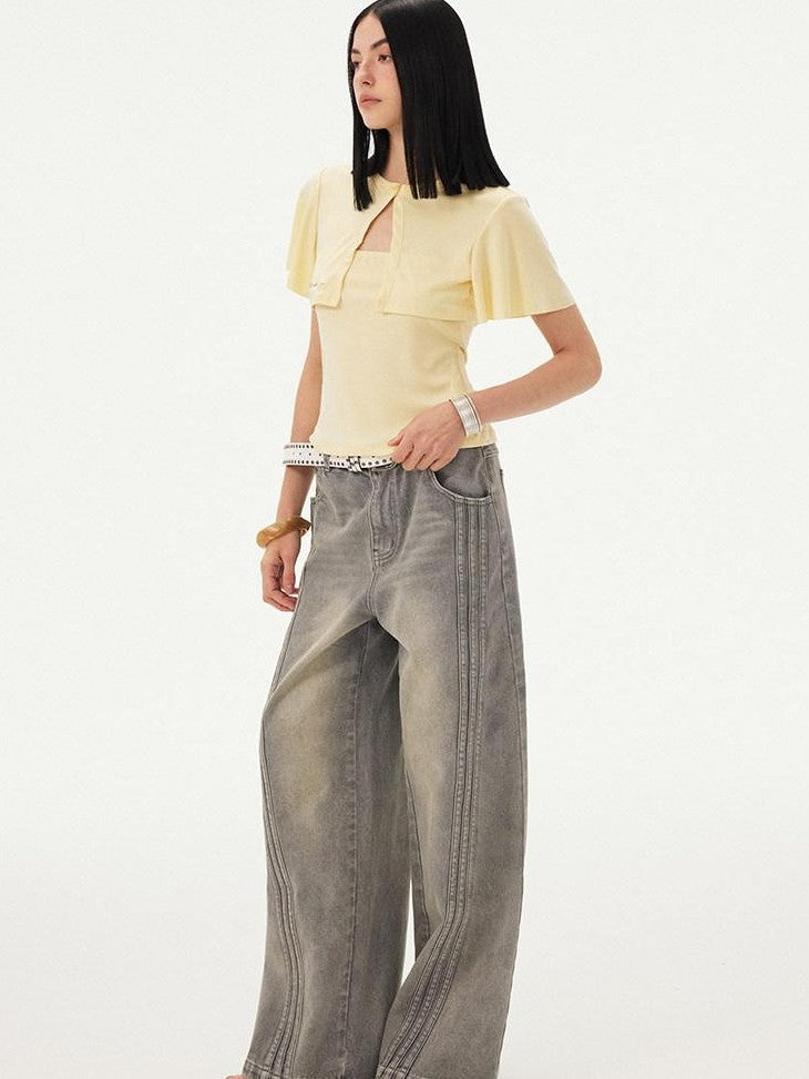 DIDDI MODA Mist Gray Blue Washed Textured Slight Stretch Striped Women&