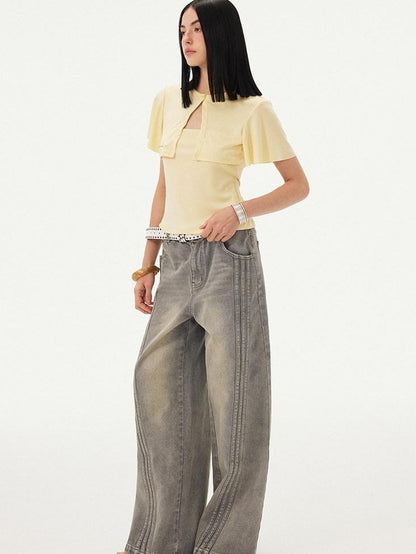 DIDDI MODA Mist Gray Blue Washed Textured Slight Stretch Striped Women&