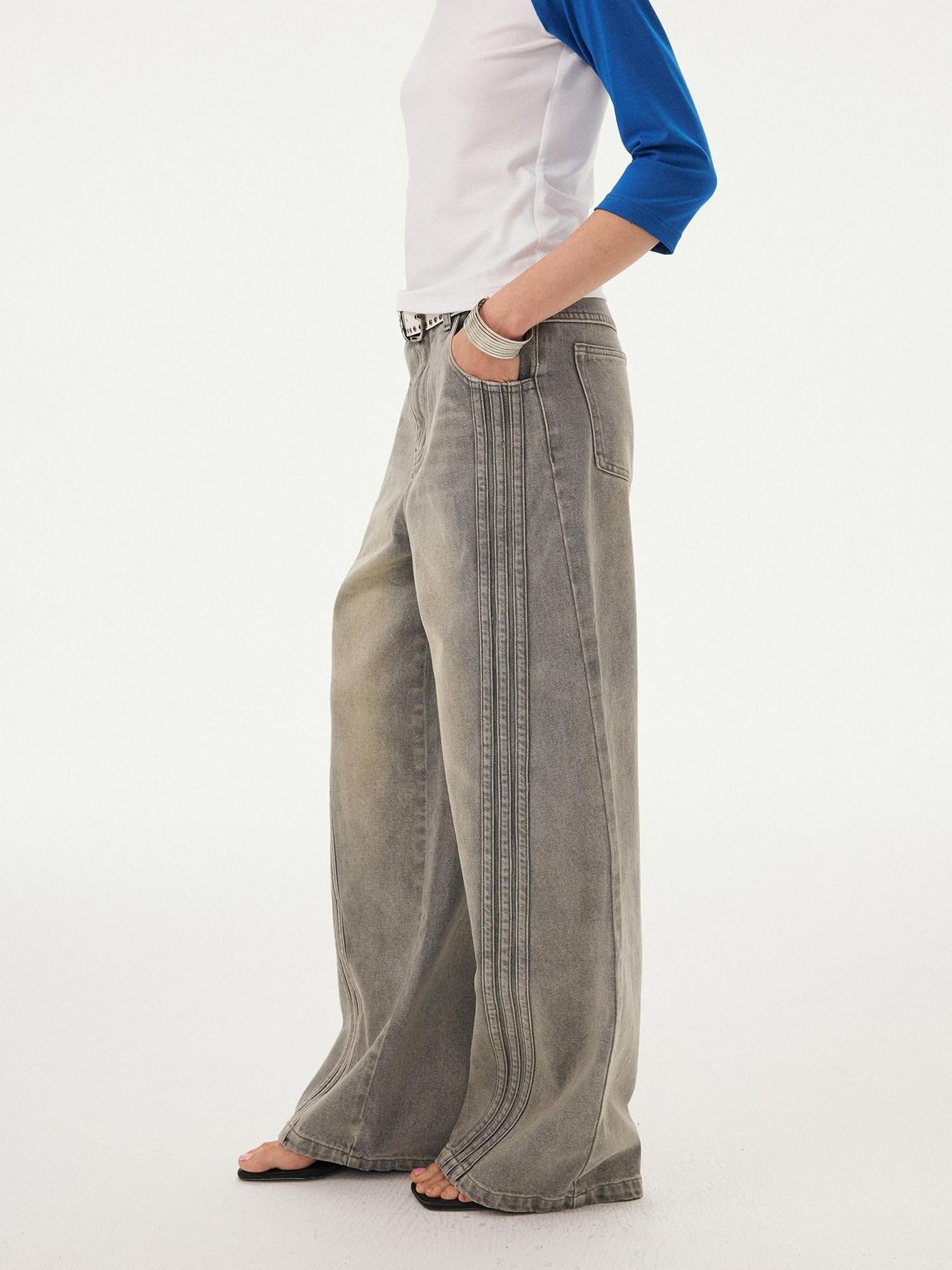 DIDDI MODA Mist Gray Blue Washed Textured Slight Stretch Striped Women&