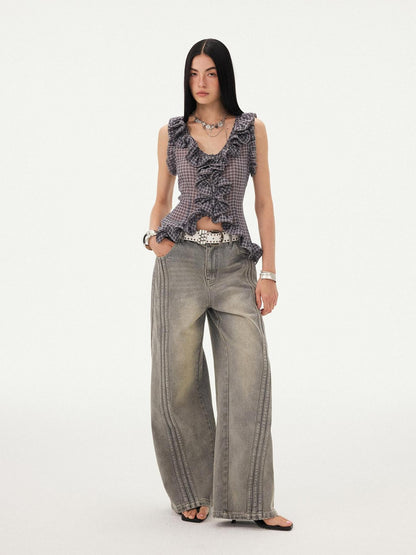 DIDDI MODA Mist Gray Blue Washed Textured Slight Stretch Striped Women&