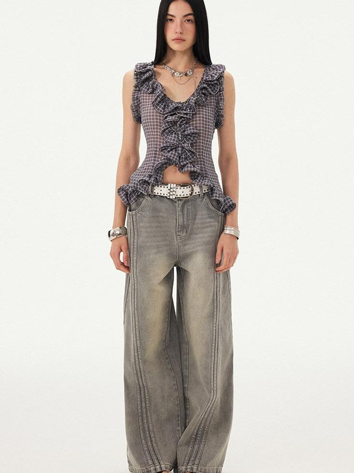 DIDDI MODA Mist Gray Blue Washed Textured Slight Stretch Striped Women&