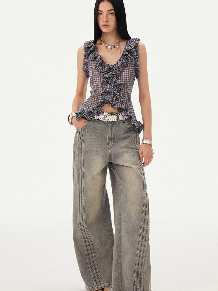 DIDDI MODA Mist Gray Blue Washed Textured Slight Stretch Striped Women&