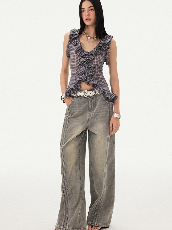 DIDDI MODA Mist Gray Blue Washed Textured Slight Stretch Striped Women&