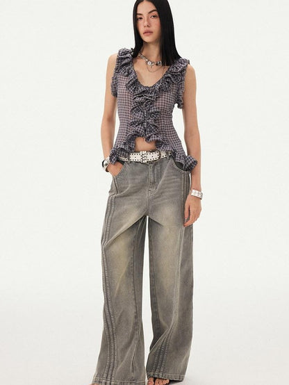 DIDDI MODA Mist Gray Blue Washed Textured Slight Stretch Striped Women&