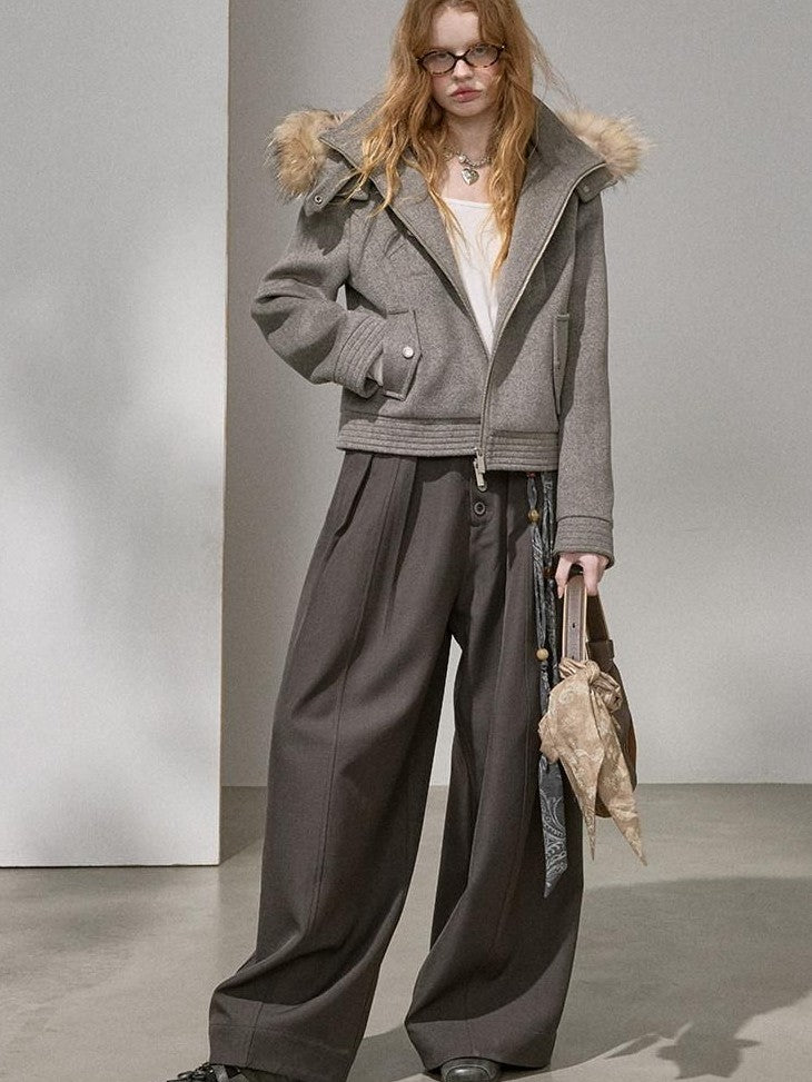 DIDDI MODA Morandi Gray Hooded Lapel Cropped Women&