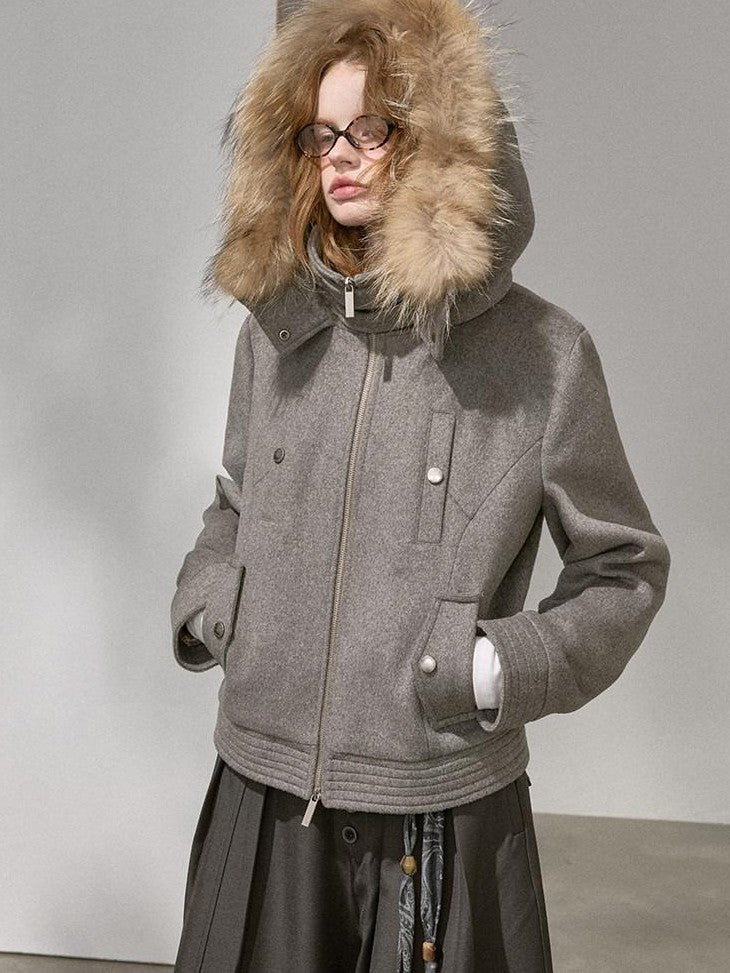 DIDDI MODA Morandi Gray Hooded Lapel Cropped Women&