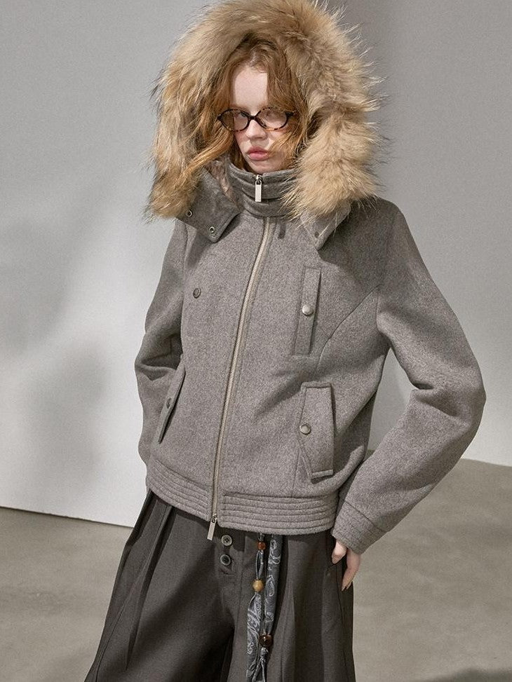 DIDDI MODA Morandi Gray Hooded Lapel Cropped Women&