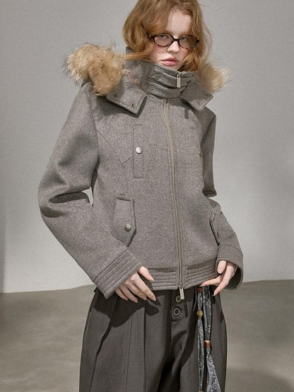 DIDDI MODA Morandi Gray Hooded Lapel Cropped Women&