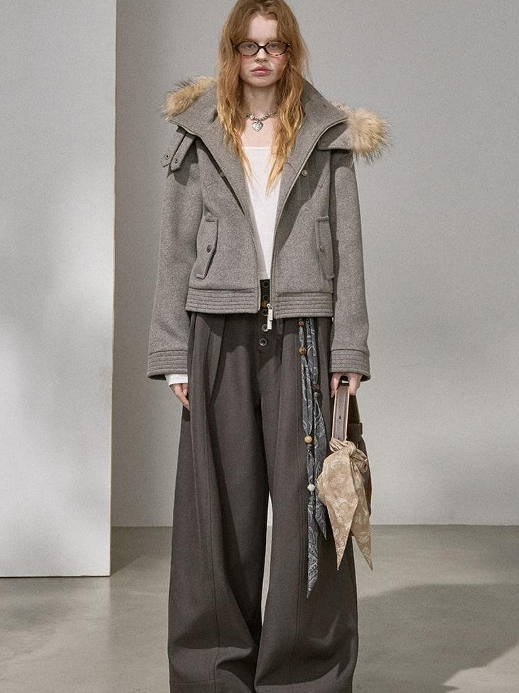 DIDDI MODA Morandi Gray Hooded Lapel Cropped Women&