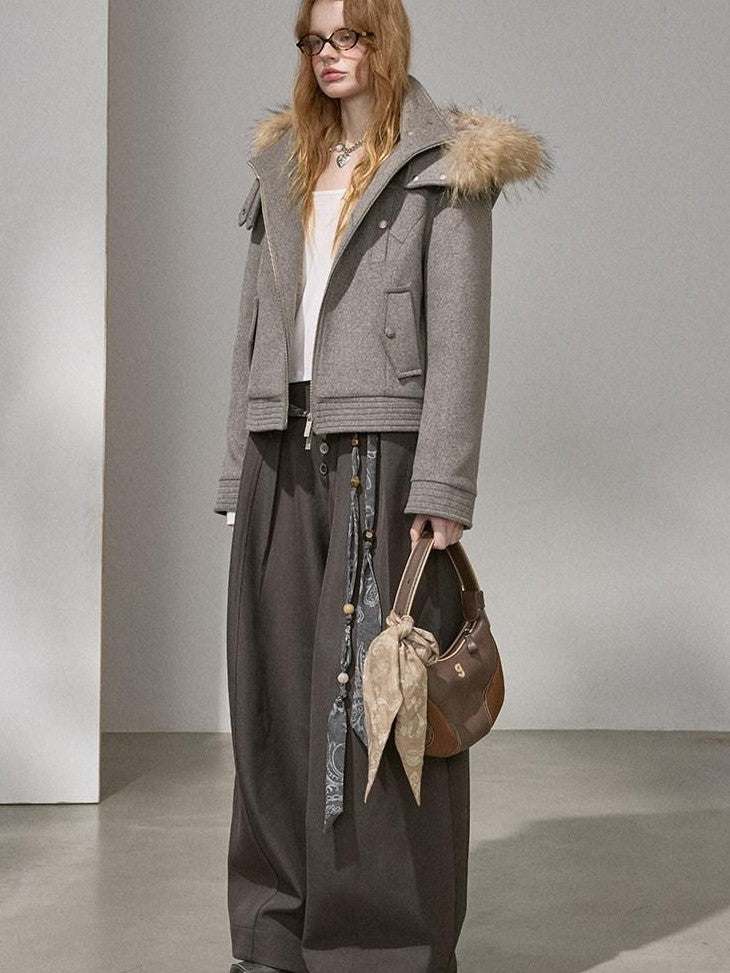 DIDDI MODA Morandi Gray Hooded Lapel Cropped Women&