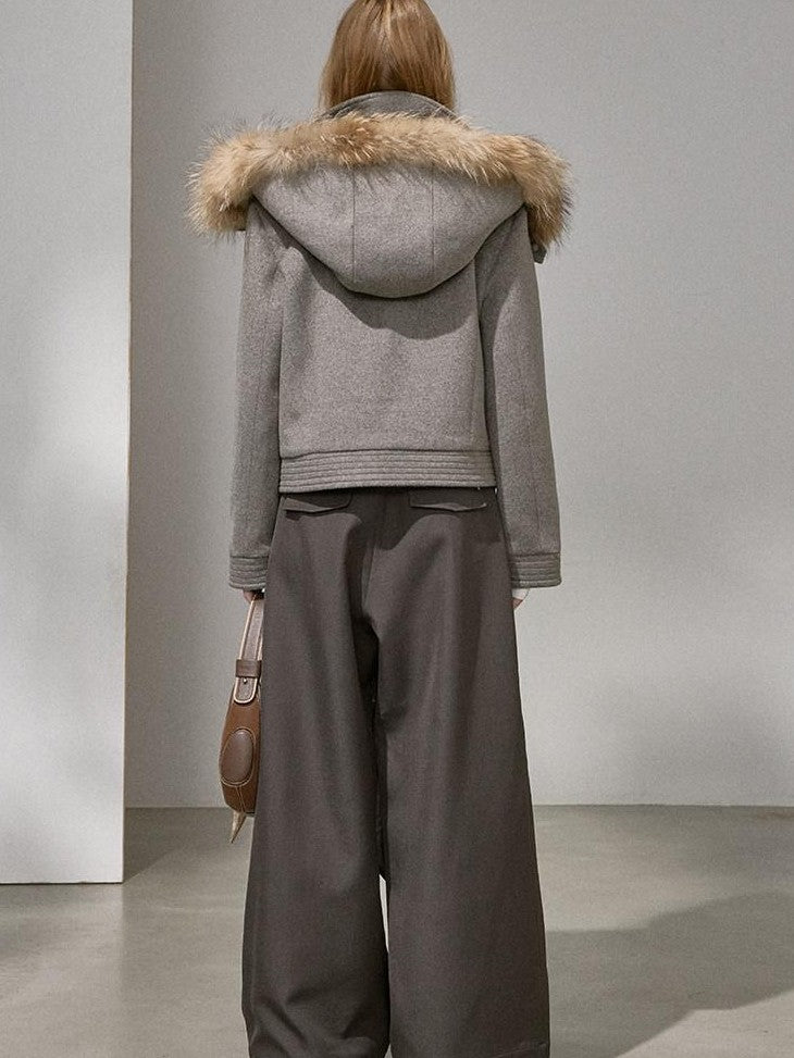 DIDDI MODA Morandi Gray Hooded Lapel Cropped Women&