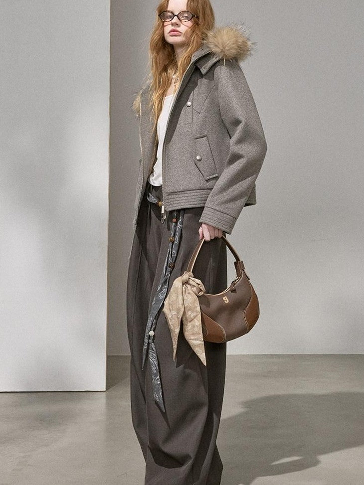 DIDDI MODA Morandi Gray Hooded Lapel Cropped Women&