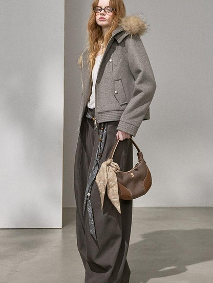 DIDDI MODA Morandi Gray Hooded Lapel Cropped Women&