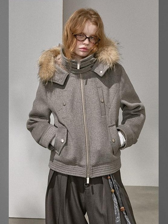 DIDDI MODA Morandi Gray Hooded Lapel Cropped Women&