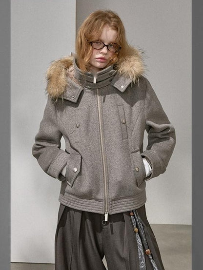 DIDDI MODA Morandi Gray Hooded Lapel Cropped Women&