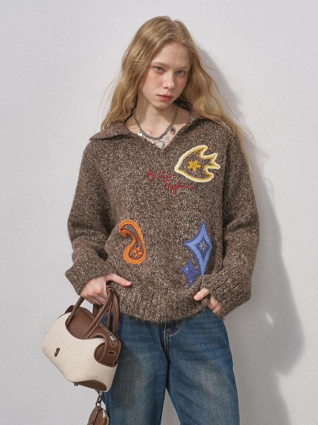 DIDDI MODA Multicolor Terry Embroidered Collar Loose Women&