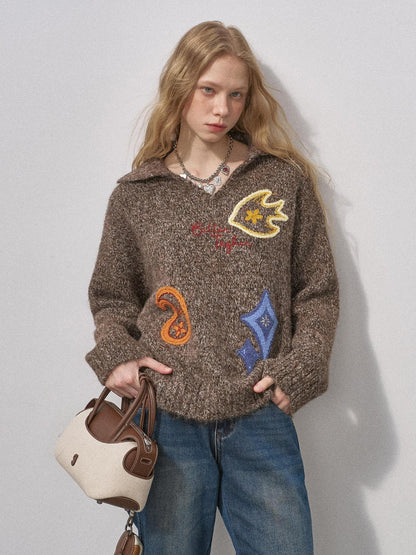 DIDDI MODA Multicolor Terry Embroidered Collar Loose Women&