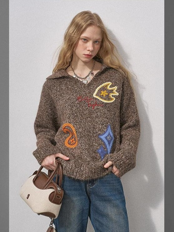 DIDDI MODA Multicolor Terry Embroidered Collar Loose Women&