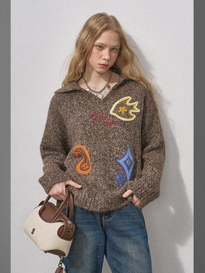 DIDDI MODA Multicolor Terry Embroidered Collar Loose Women&