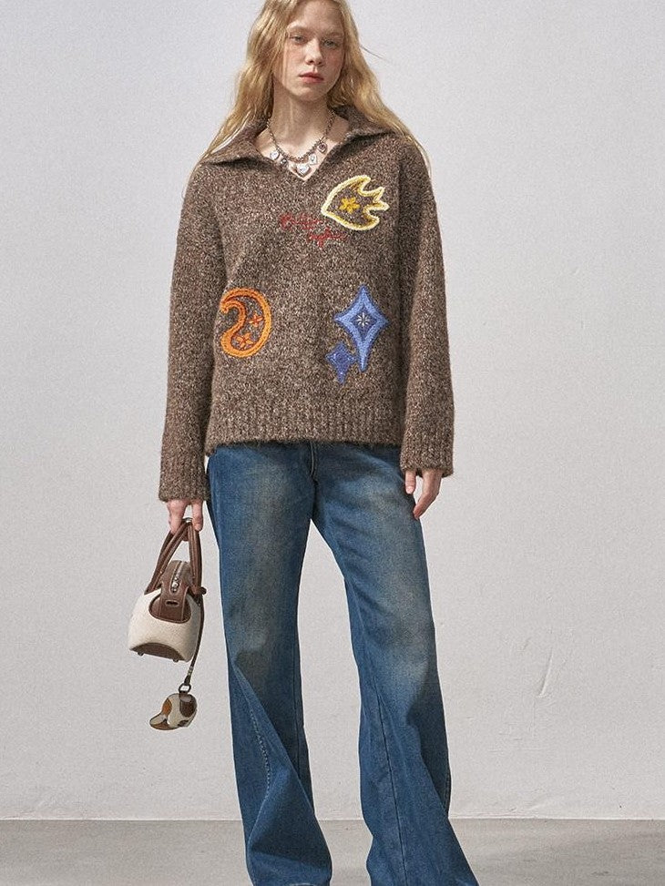 DIDDI MODA Multicolor Terry Embroidered Collar Loose Women&