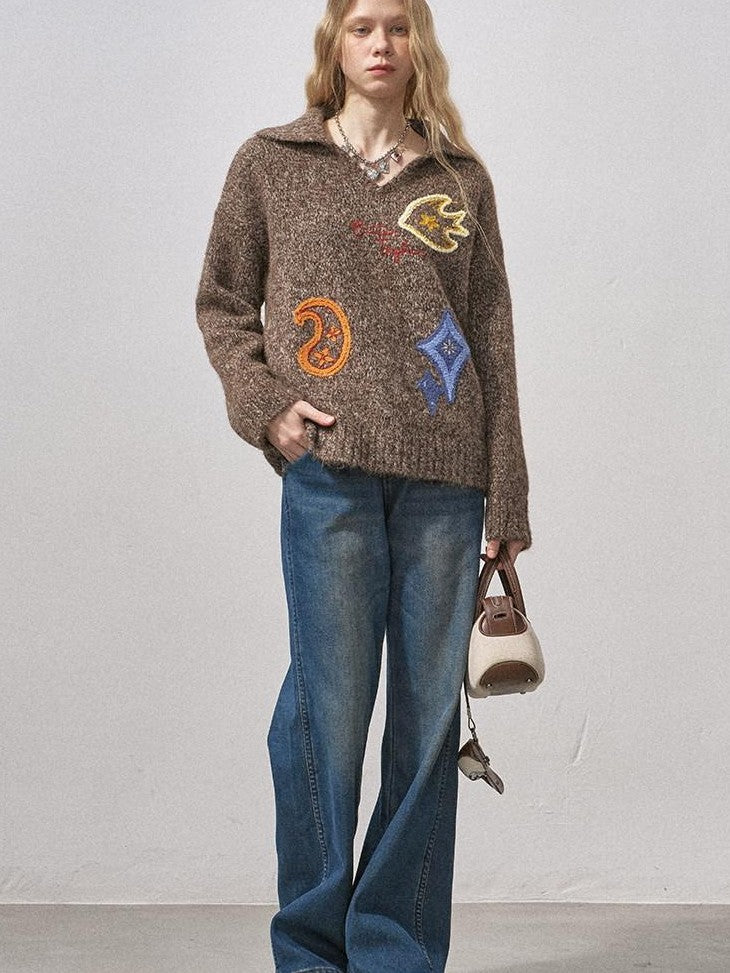 DIDDI MODA Multicolor Terry Embroidered Collar Loose Women&