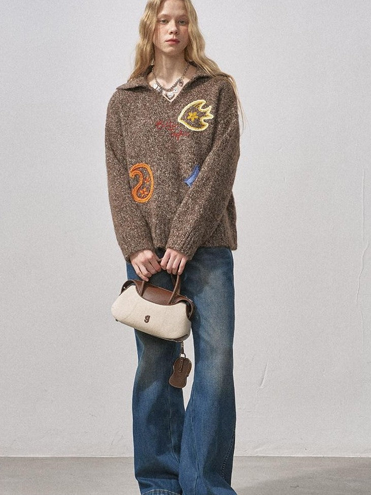 DIDDI MODA Multicolor Terry Embroidered Collar Loose Women&