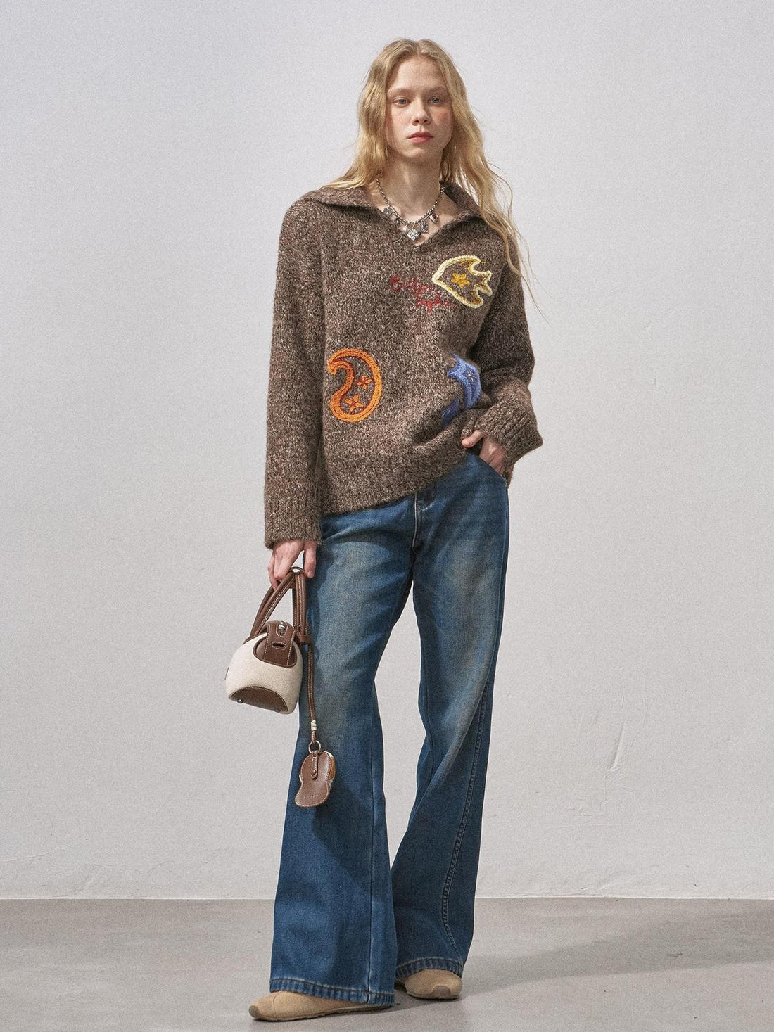 DIDDI MODA Multicolor Terry Embroidered Collar Loose Women&