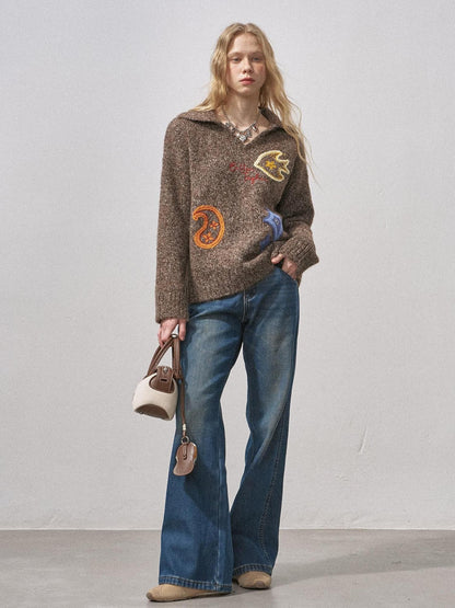 DIDDI MODA Multicolor Terry Embroidered Collar Loose Women&