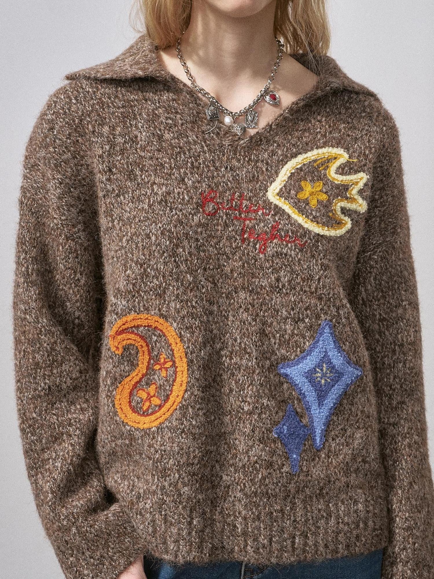 DIDDI MODA Multicolor Terry Embroidered Collar Loose Women&