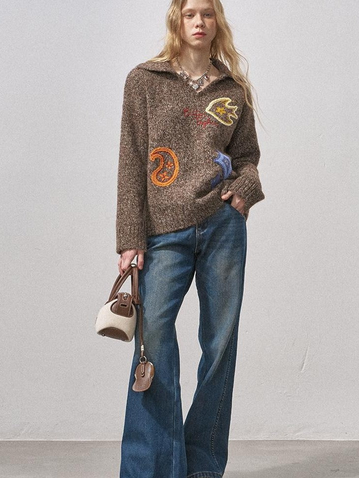 DIDDI MODA Multicolor Terry Embroidered Collar Loose Women&