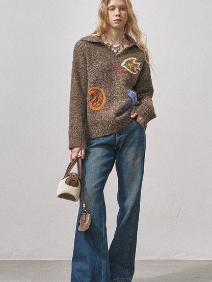 DIDDI MODA Multicolor Terry Embroidered Collar Loose Women&