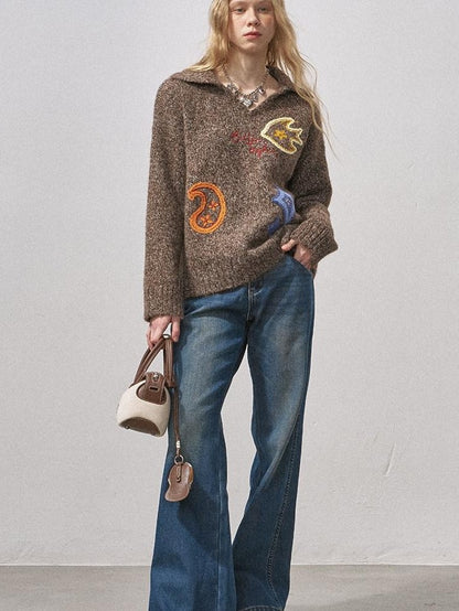 DIDDI MODA Multicolor Terry Embroidered Collar Loose Women&