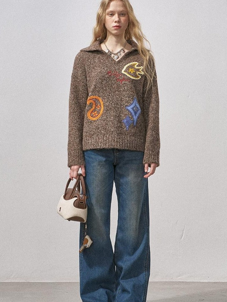 DIDDI MODA Multicolor Terry Embroidered Collar Loose Women&