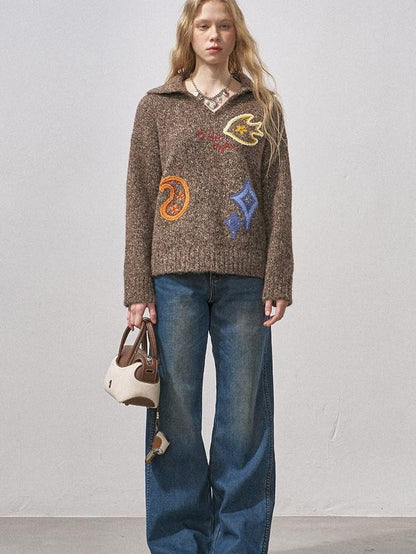 DIDDI MODA Multicolor Terry Embroidered Collar Loose Women&