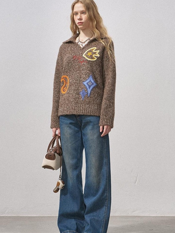 DIDDI MODA Multicolor Terry Embroidered Collar Loose Women&