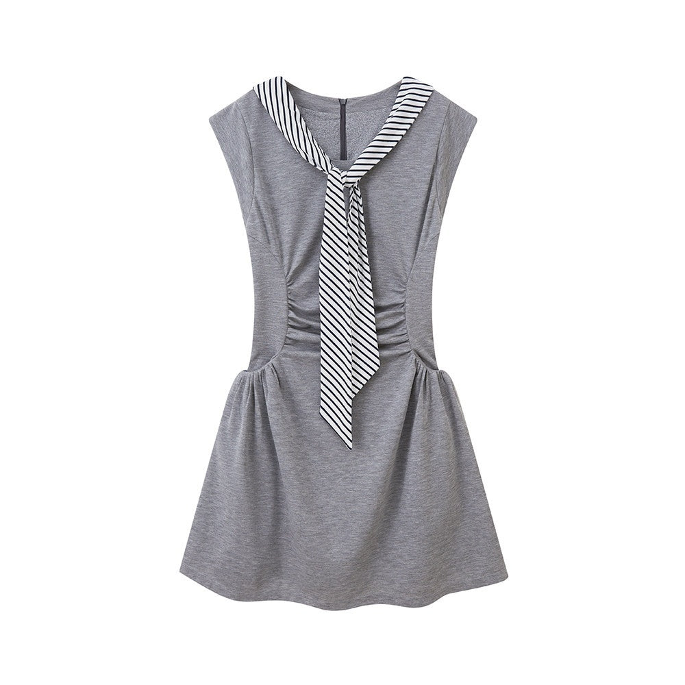 DIDDI_MODA_Navy_Faux_Two_Piece_Cap_Sleeve_V-neck_Waist_Cinched_Women&