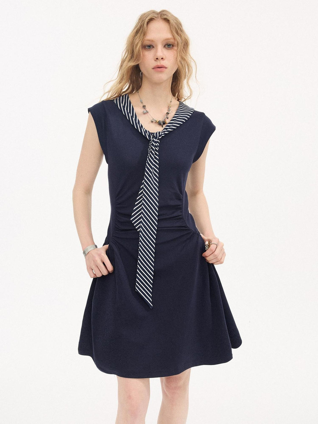 DIDDI MODA Navy Faux Two Piece Cap Sleeve V-neck Waist Cinched Women&