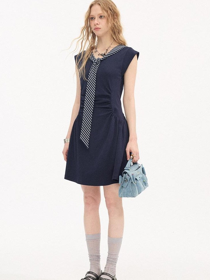 DIDDI MODA Navy Faux Two Piece Cap Sleeve V-neck Waist Cinched Women&