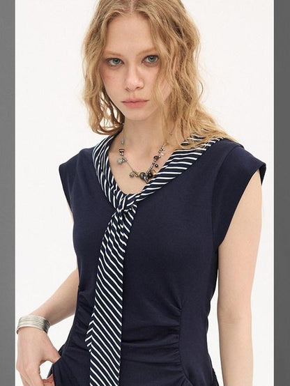 DIDDI MODA Navy Faux Two Piece Cap Sleeve V-neck Waist Cinched Women&