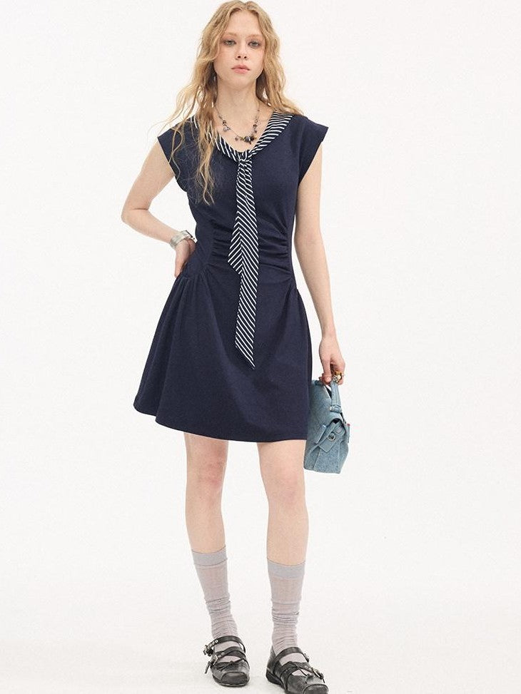 DIDDI MODA Navy Faux Two Piece Cap Sleeve V-neck Waist Cinched Women&