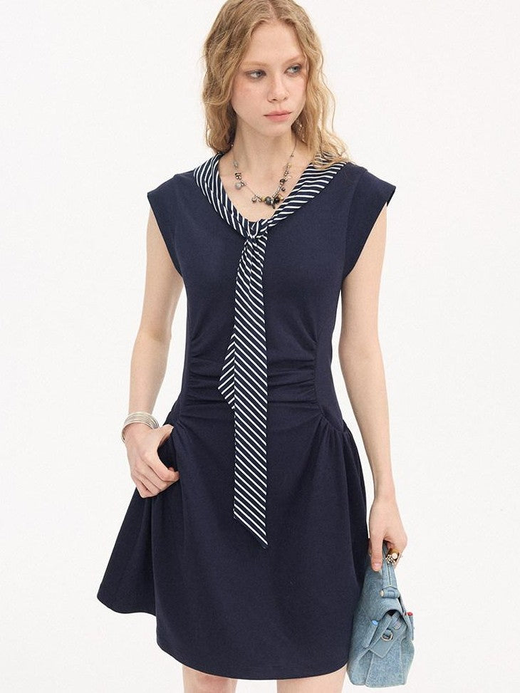 DIDDI MODA Navy Faux Two Piece Cap Sleeve V-neck Waist Cinched Women&