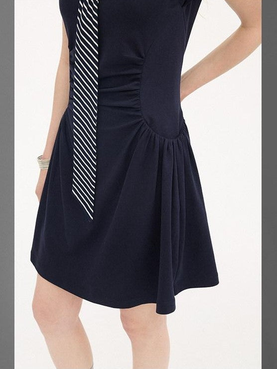 DIDDI MODA Navy Faux Two Piece Cap Sleeve V-neck Waist Cinched Women&