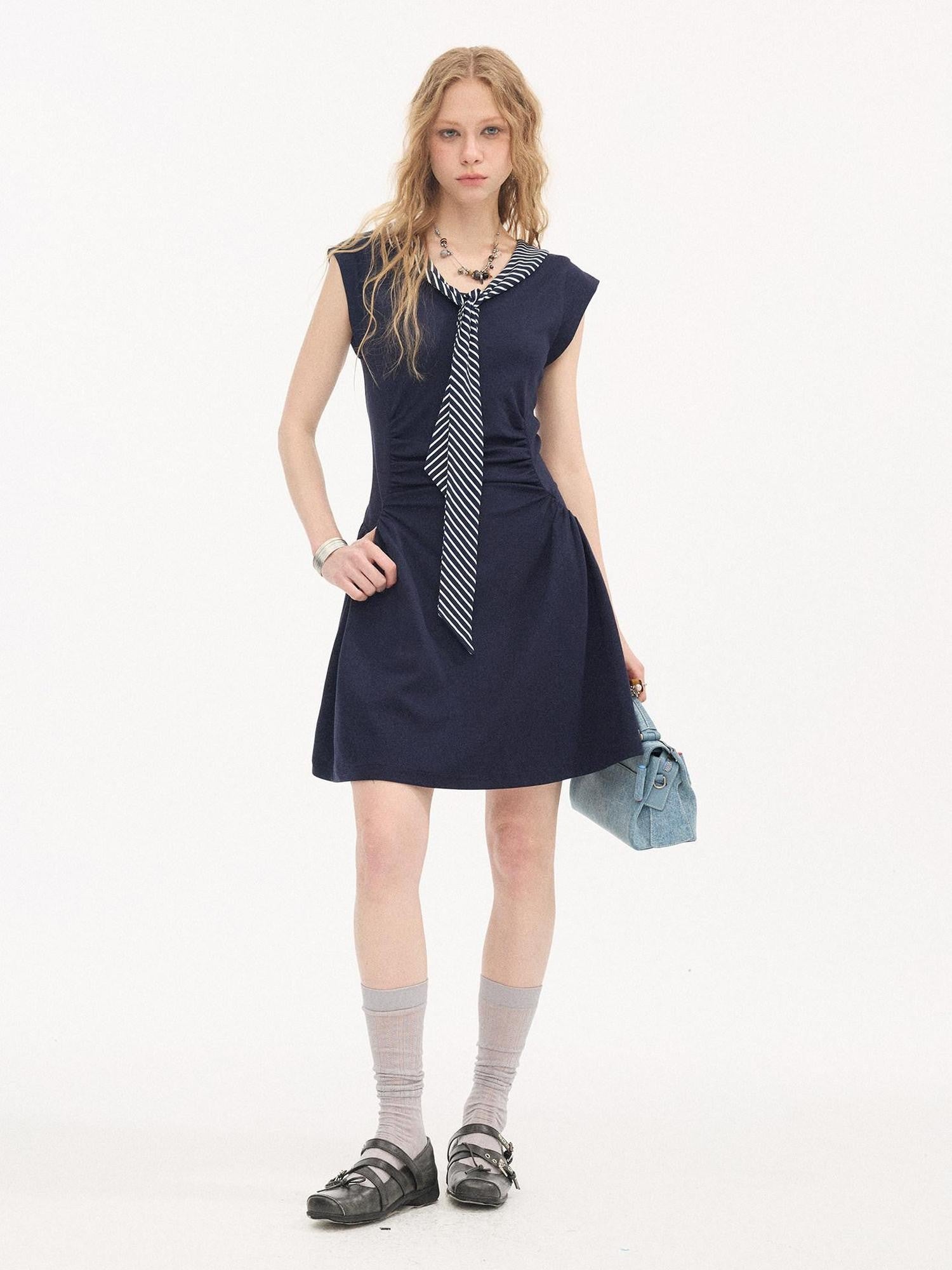 DIDDI MODA Navy Faux Two Piece Cap Sleeve V-neck Waist Cinched Women&