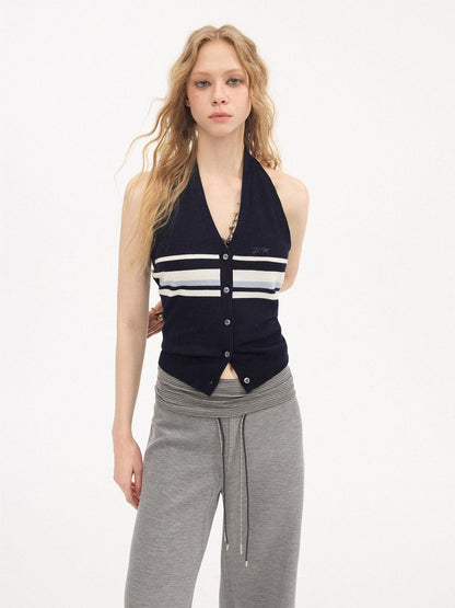 DIDDI MODA Navy Striped Halter V-neck Single Button Slim Fit Knit Webbing Women&