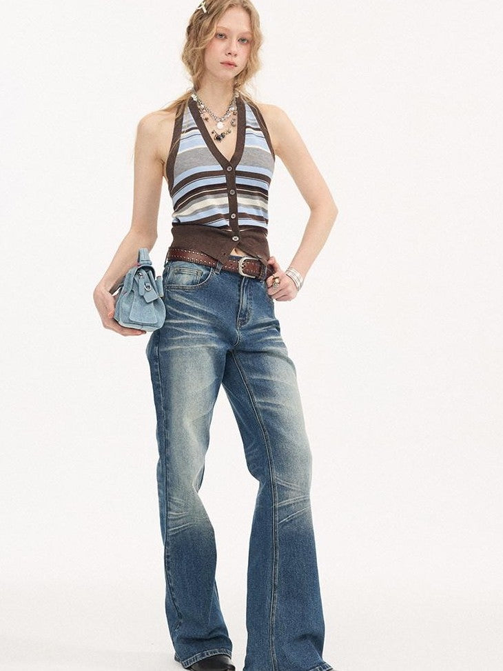 DIDDI MODA Navy Striped Halter V-neck Single Button Slim Fit Knit Webbing Women&