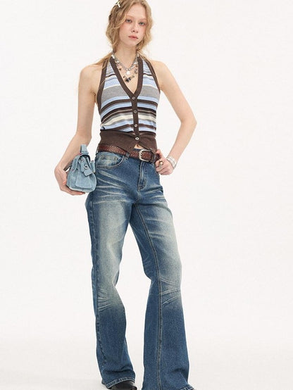 DIDDI MODA Navy Striped Halter V-neck Single Button Slim Fit Knit Webbing Women&