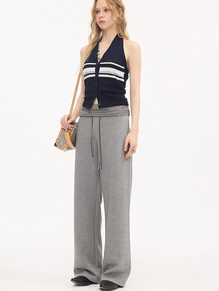 DIDDI MODA Navy Striped Halter V-neck Single Button Slim Fit Knit Webbing Women&