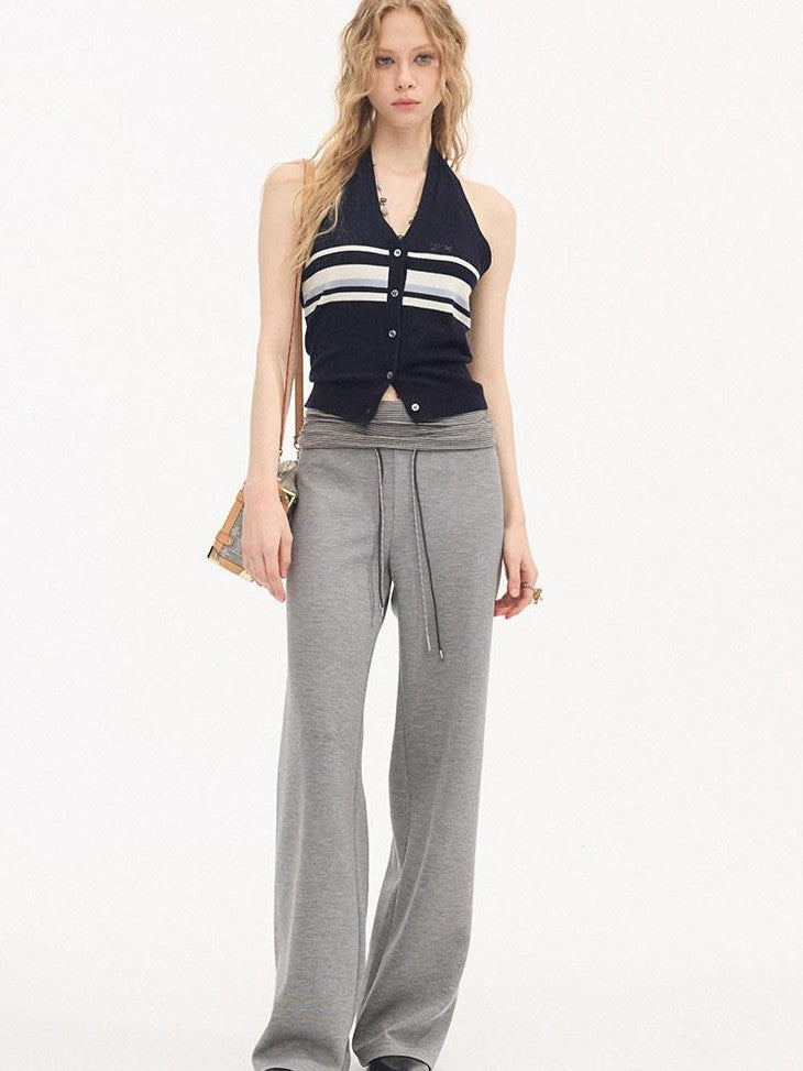 DIDDI MODA Navy Striped Halter V-neck Single Button Slim Fit Knit Webbing Women&
