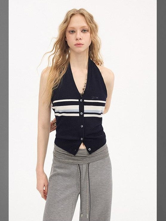 DIDDI MODA Navy Striped Halter V-neck Single Button Slim Fit Knit Webbing Women&