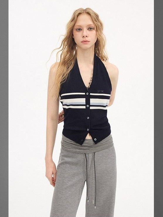 DIDDI MODA Navy Striped Halter V-neck Single Button Slim Fit Knit Webbing Women&